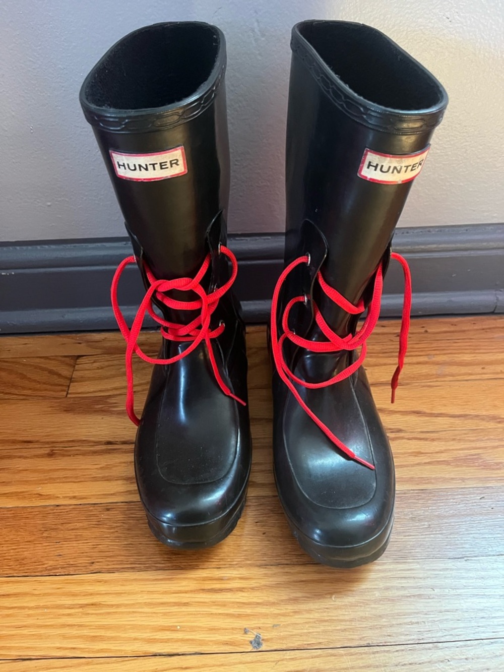 Hunter Glossy Black Rain Boots with Red Laces
